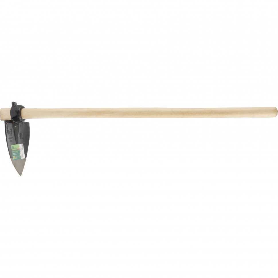 Кетмень остроконечный, 190 х 190 х 910 мм, цельнокованый, деревянный лакированный черенок, Сибртех Кетмени фото, изображение