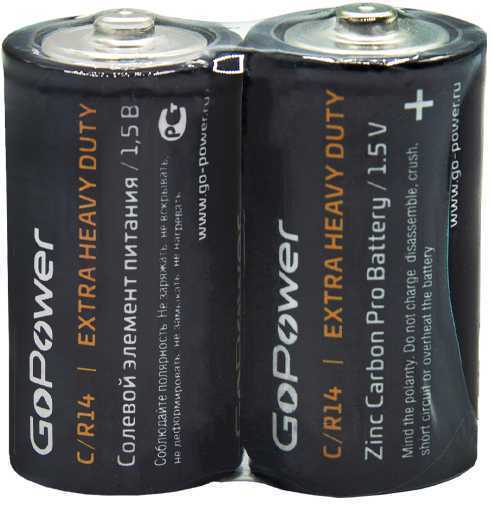 Батарейка GoPower R14 C Shrink 2 Heavy Duty 1.5V (2/24/288) Элементы питания (батарейки) фото, изображение
